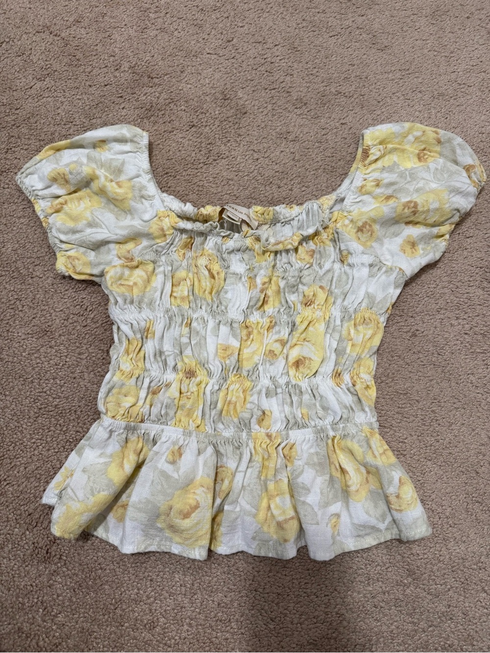 Monteau White and Yellow Smocked Peplum Floral Top